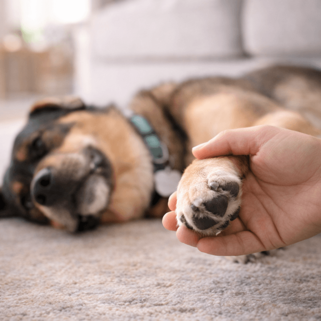 A dog calmly having its paws handled during practice at home