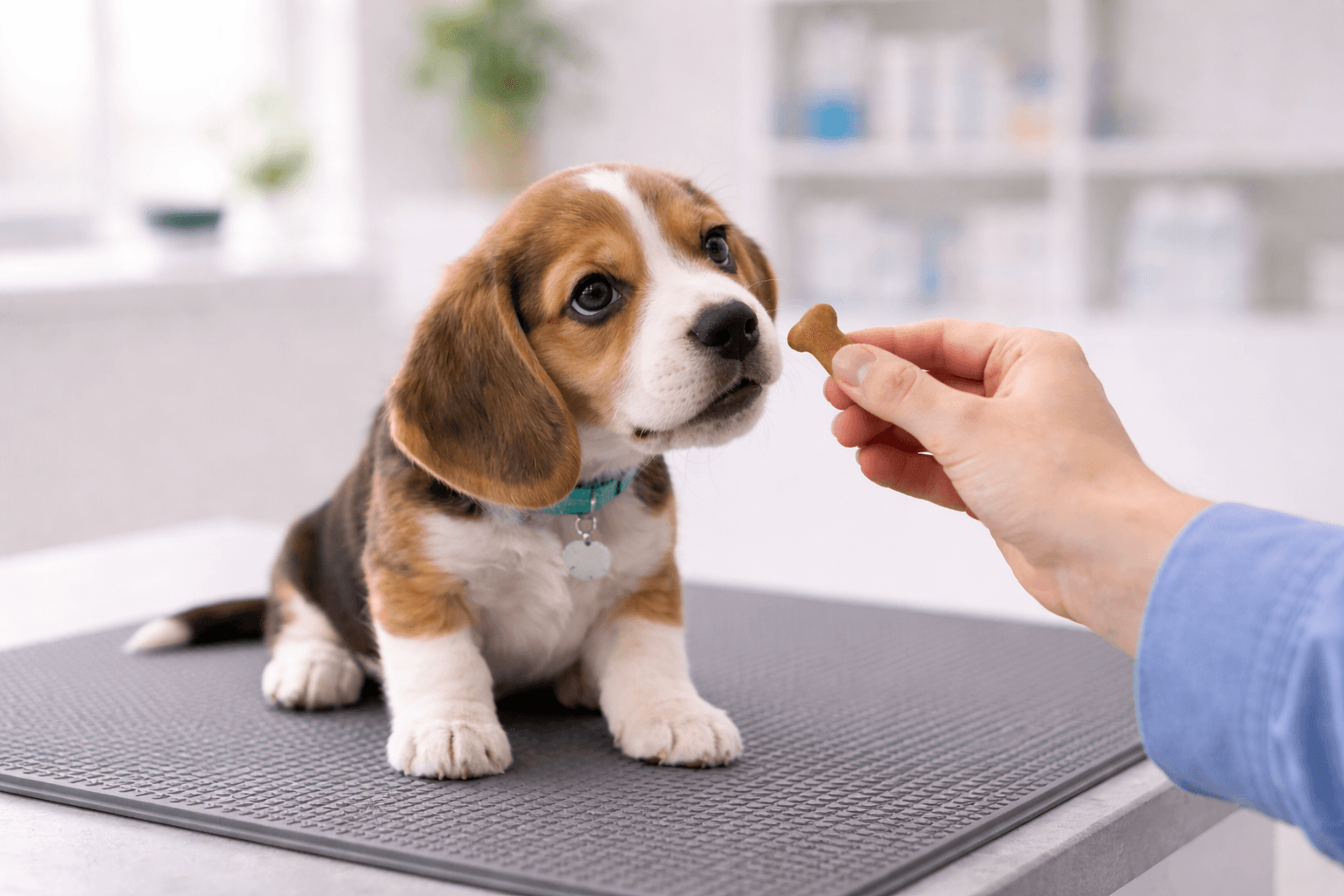 A puppy's first vet visit prep, tailored to the appointment type