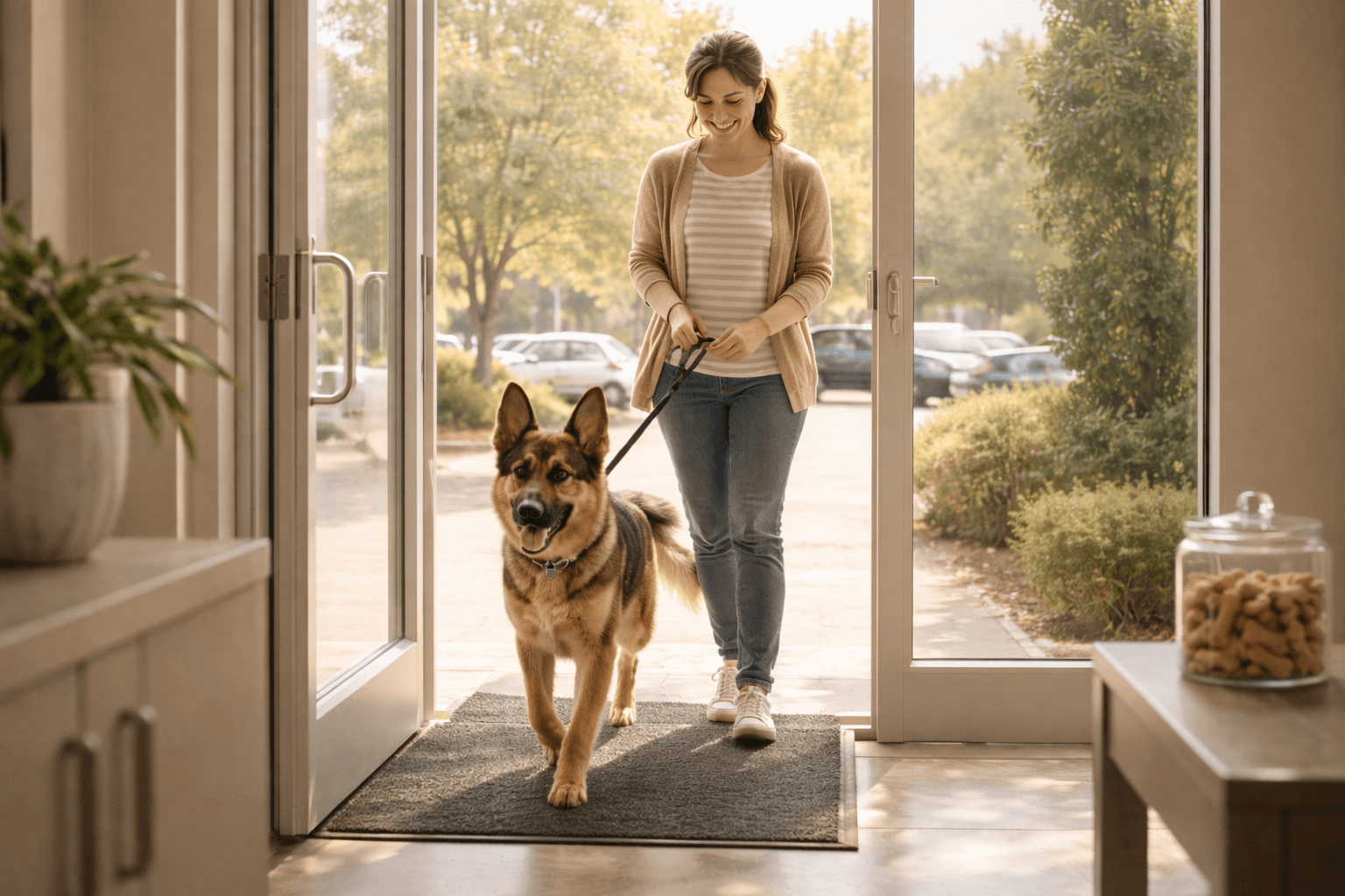 A dog and owner walking confidently into the clinic
