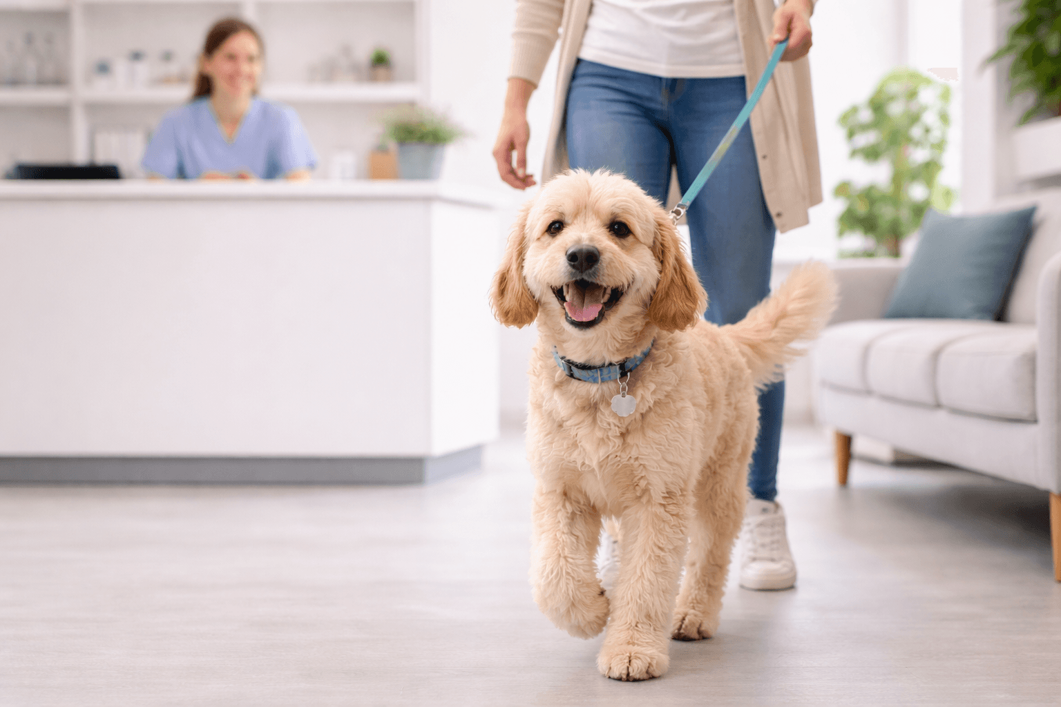 A happy golden doodle waiting calmly at the vet