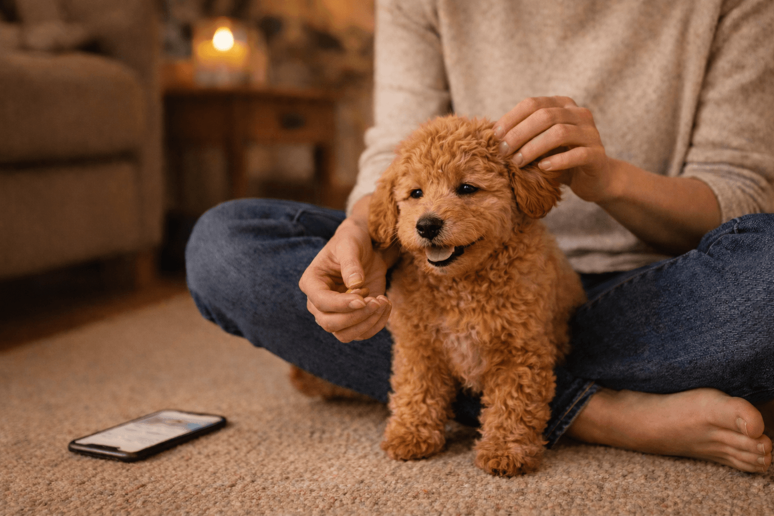 A dog owner practicing gentle handling at home before the visit